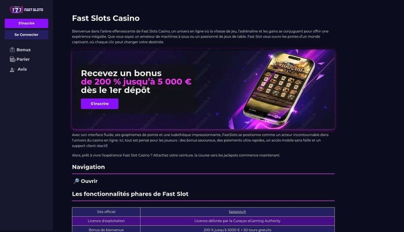 Découvrez Fast Slots Casino France : Inscription et Bonus Gagnants